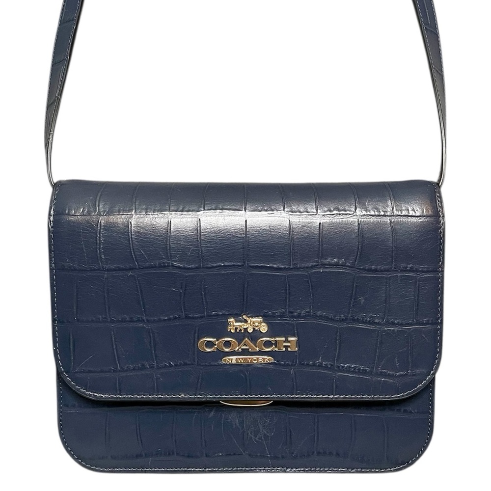 Coach C5631 Midnight Blue Croc Embossed Brynn Flap Crossbody Bag Suede Interior